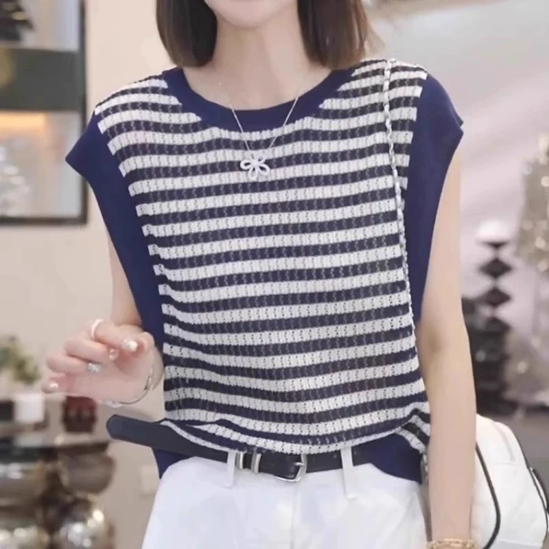 【平行格调】2025夏季新款时尚气质休闲毛衣宽松镂空针织衫上衣条纹