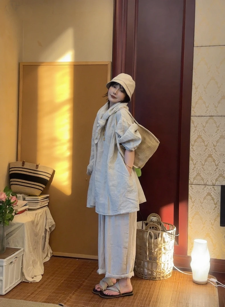 复愫街 简约宽松韩版中长款亚麻衬衫