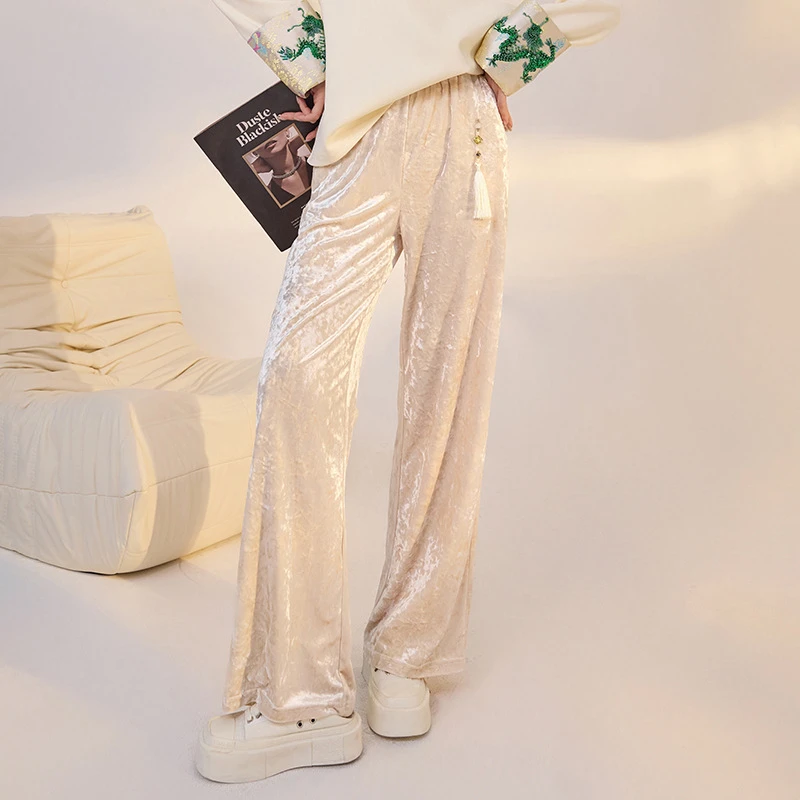 2025春季新款国风提花休闲直筒裤新中式缎面阔腿裤长裤女 M2076
