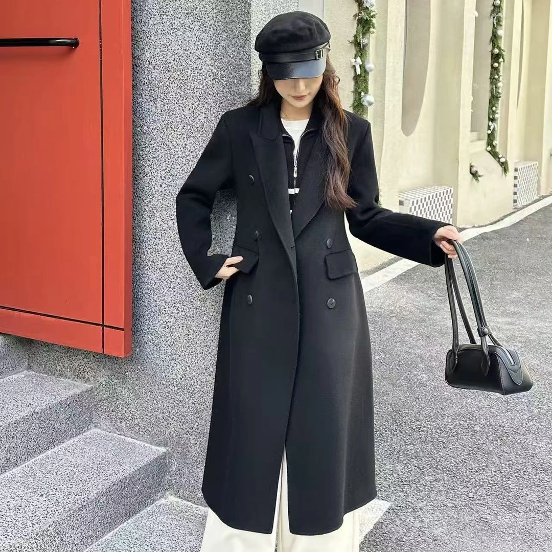 2025秋冬长款小蛮腰双面纯羊毛大衣高端时尚修身垫肩黑色毛呢外套