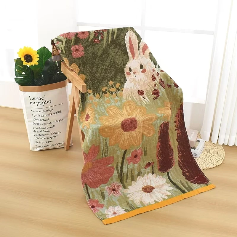 【北奈かわ会社】80*160cm纯棉纱布浴巾花丛兔