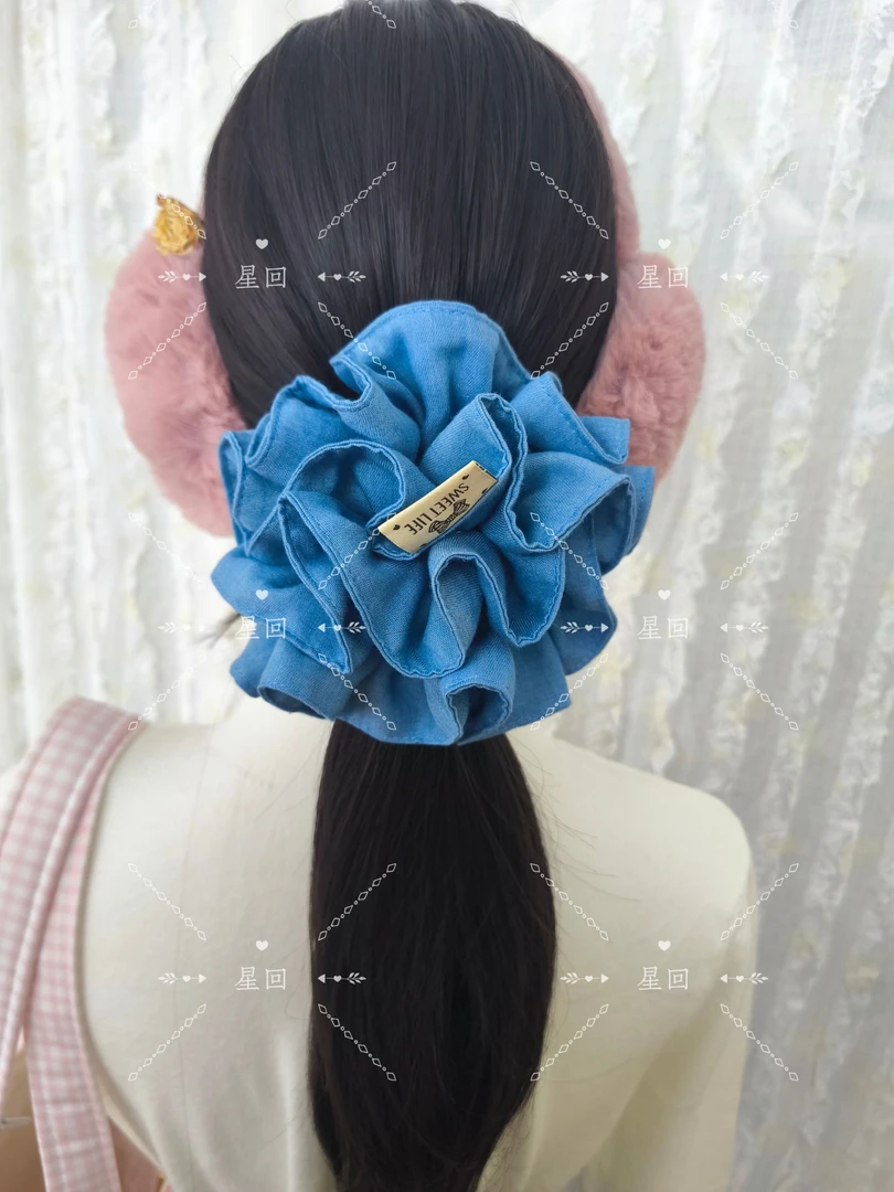 牛仔蓝色双层花苞分断式马尾大肠′发圈