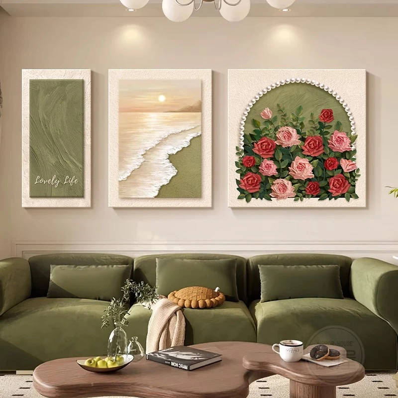 高级感小众艺术客厅背景墙挂画法式中古风玫瑰花卉沙发壁画装饰画