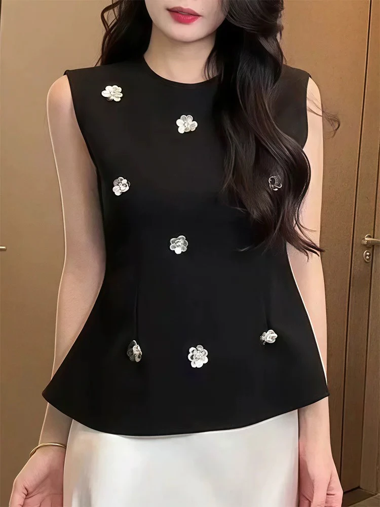 【肉总】小香风复古立体花朵气质无袖上衣