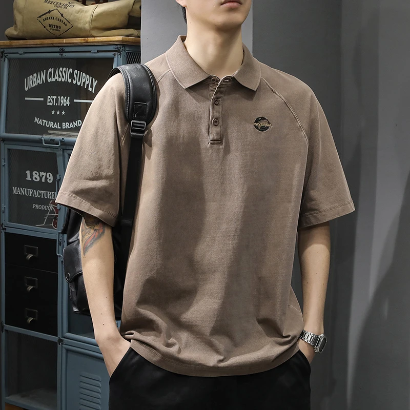 梦泡官方美式潮牌夏季纯棉短袖POLO衫男士重磅翻领大码宽松t恤潮
