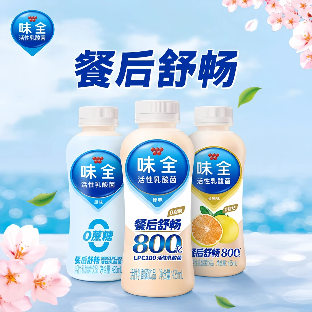 味全活性乳酸菌原味白桃草莓芦荟金柚435ml*12瓶低温冷藏0蔗糖