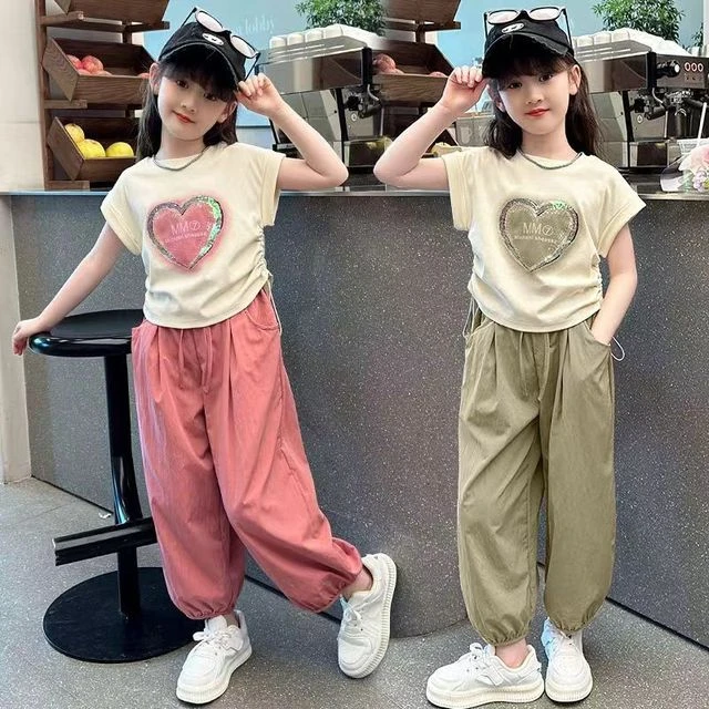 女童夏装2025新款夏季儿童大童女孩抽绳短袖t恤九分裤两件