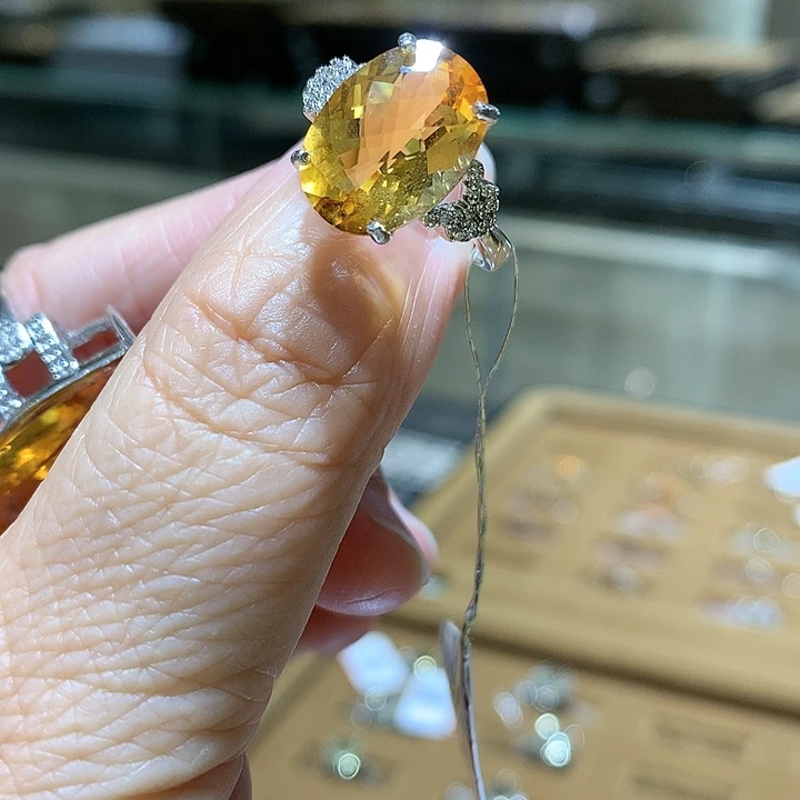 黄晶戒指银S925镶嵌天然