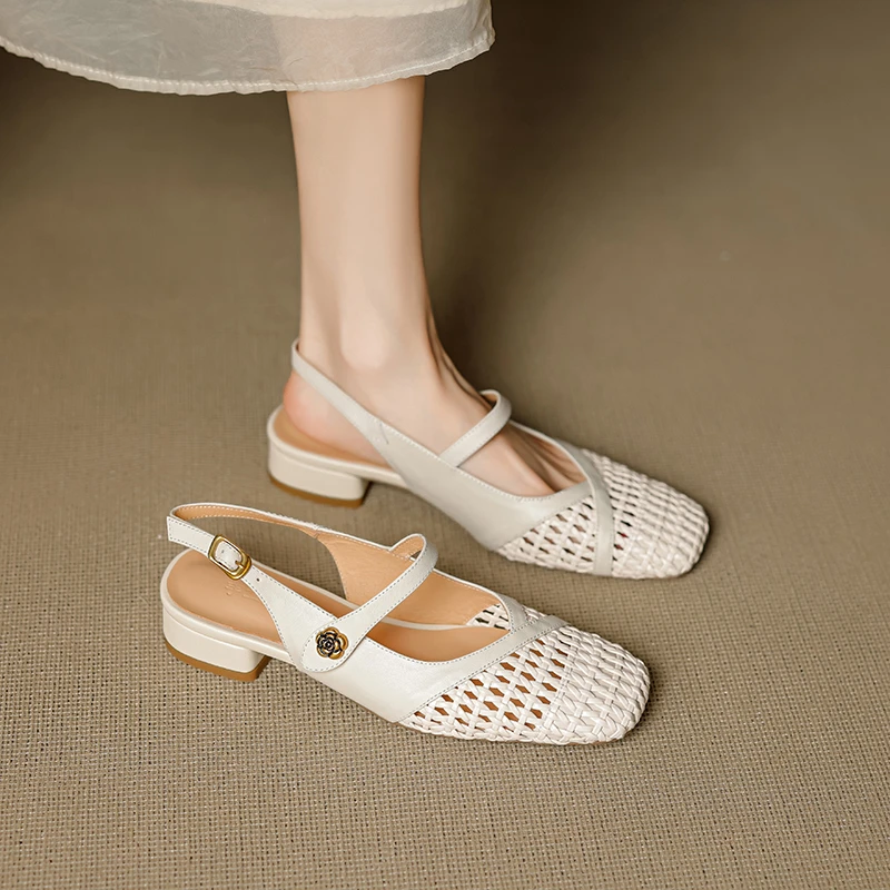 一字带凉鞋女夏2025新款包头时尚粗跟法式百搭中跟编织镂空洞洞鞋