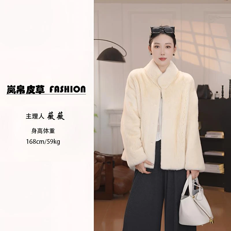 【汐瑶薇薇】进口天鹅绒貂皮大衣女气质立领水貂皮草外套2025冬新款