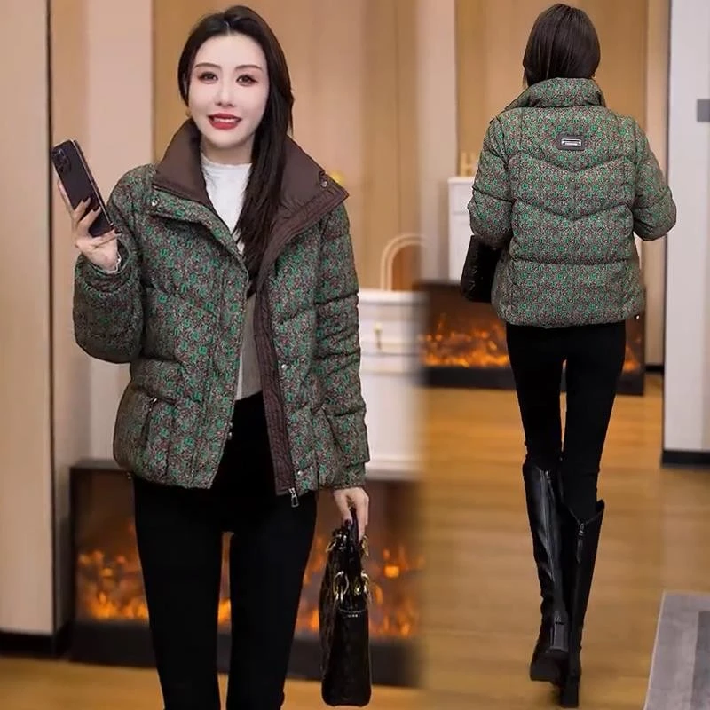 时尚碎花棉服女2025冬季新款洋气百搭小个子立领加厚保暖棉衣外套