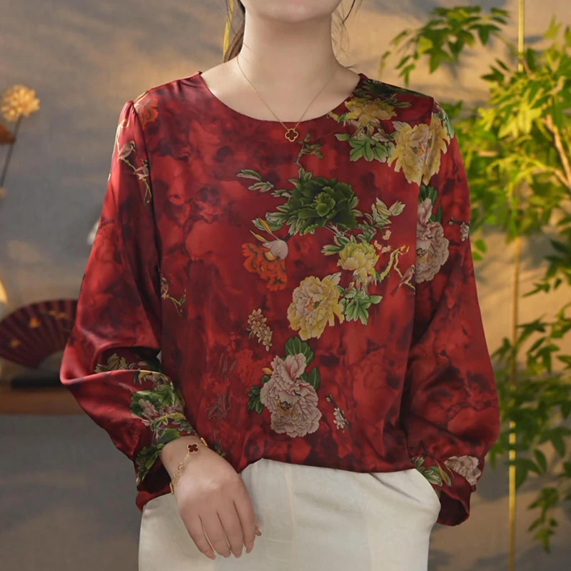 【193红牡丹】常规碎花简约女衬衫中式圆领宽松印花打底衬衫
