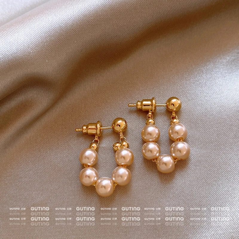 铜合金耳饰 19033香槟珠串耳钉气质秋冬耳饰女新款高级感珠珠耳环