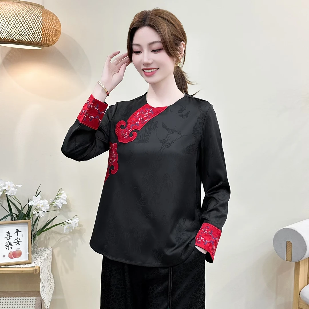 春夏款百搭气质中式国风显瘦优雅宽松时尚复古长袖圆领上衣