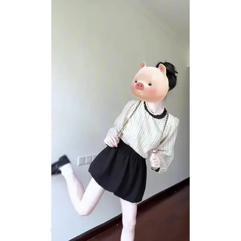 2025春季新款时尚气质白色圆领长袖衬衫黑色松紧腰半身裙二件套