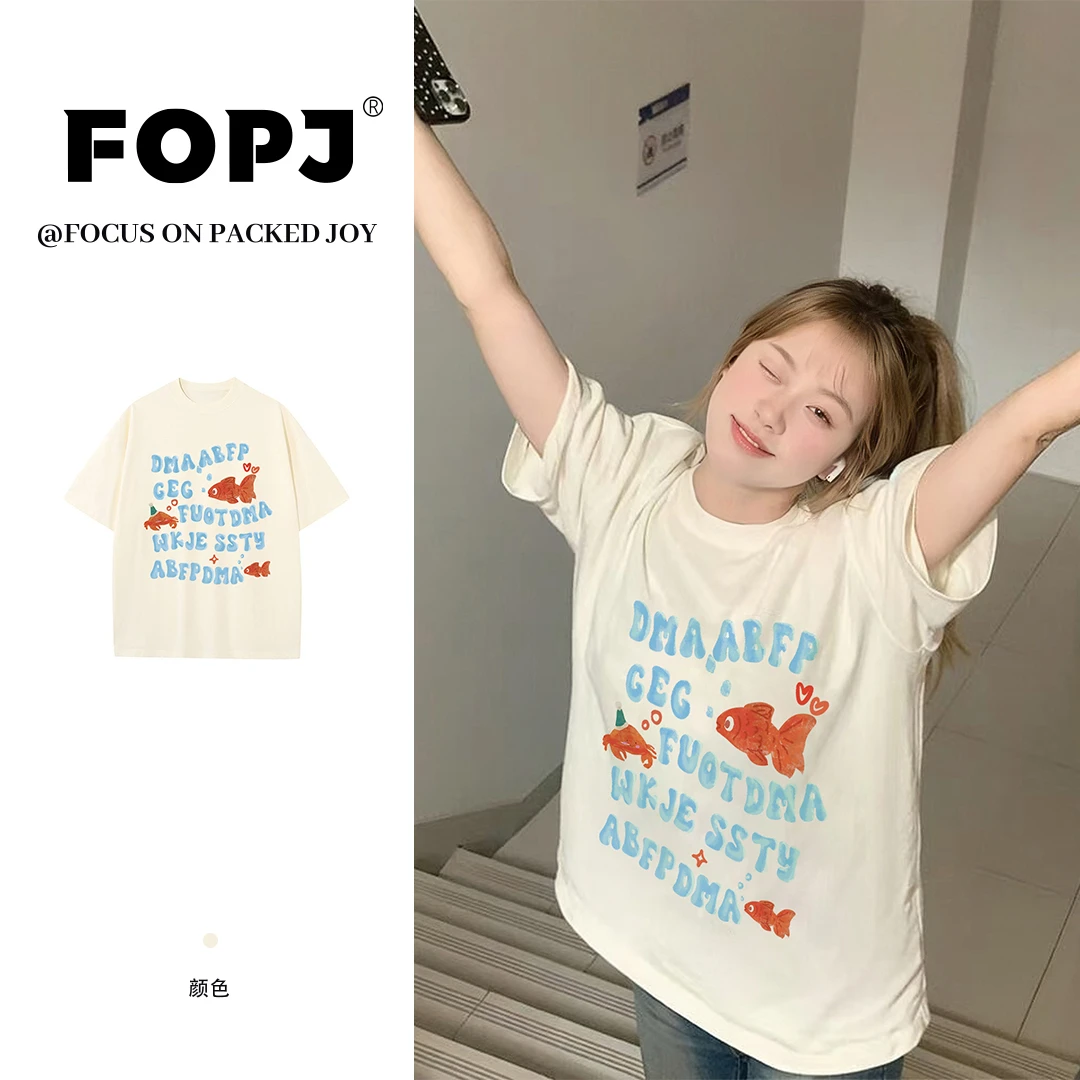 FOPJ夏季新款金鱼卡通印花短袖t恤女韩版慵懒风纯棉圆领宽松上衣