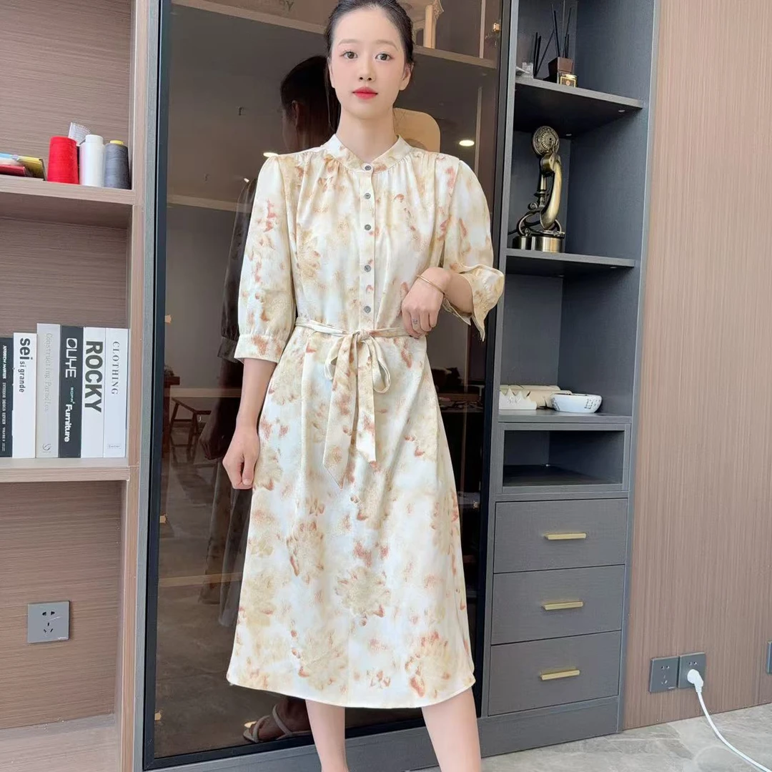 桑蚕丝夏季女装通勤风中长裙休闲连衣裙百搭时尚印花泡泡袖V领088