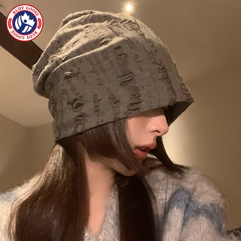 RUDY GOOSE韩版破洞堆堆帽女秋冬百搭保暖护耳帽大头围包头帽冷帽