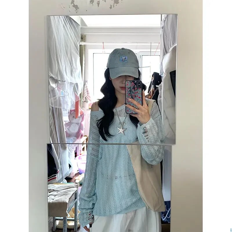 美式慵懒风镂空针织衫长袖套头罩衫上衣裤子宽松阔腿直筒裤休闲裤