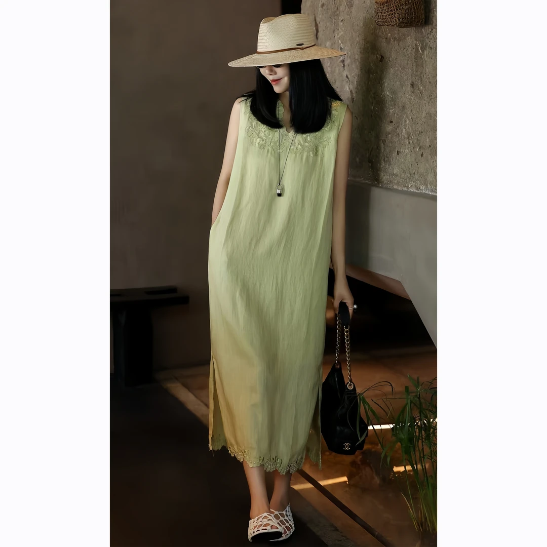 ZEROYK简约气质绿色背心裙夏季高级感钉珠蕾丝边宽松百搭休闲长裙