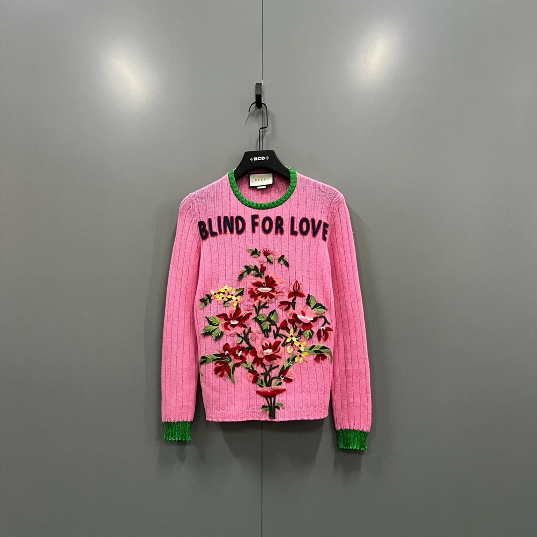 99新 GUCCI/古驰 zz1 粉色花卉刺绣针织衫 M码/101661