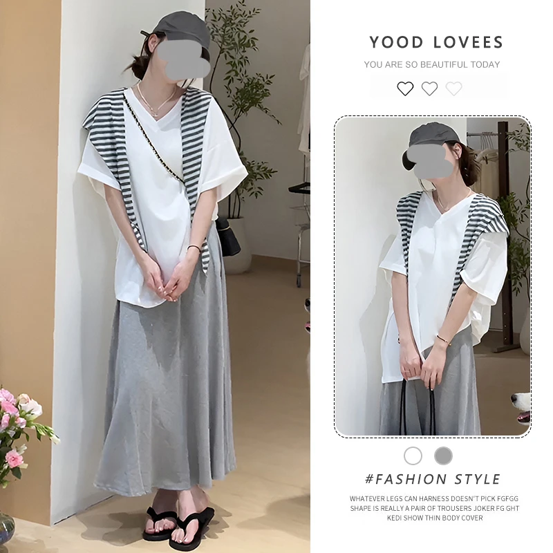 一整套ootd穿搭套装女2026夏季松弛感条纹披肩+T恤+半身裙三件套