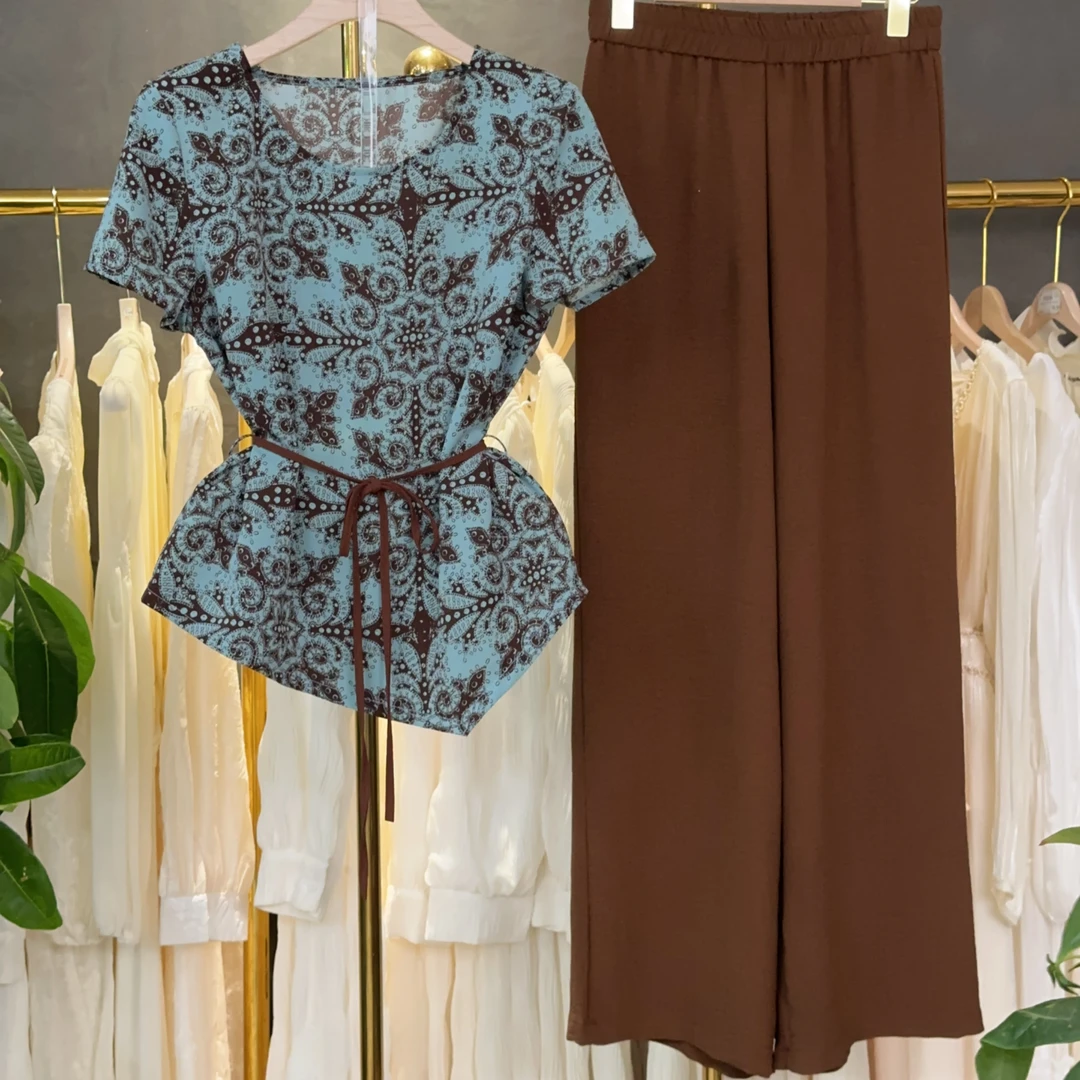 【三件套】时尚套装2025夏季新款收腰显瘦上衣+阔腿裤+腰带套装M325