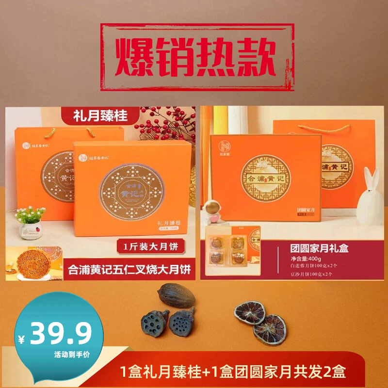 【劲爆促销】合浦黄记1斤装伍仁叉烧大月饼礼盒+400g团圆家月礼盒