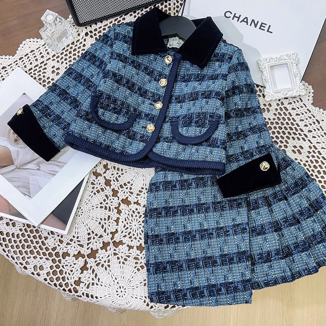 女童格纹小香风套装冬季新款法式名媛气质外套裙子两件套BWA058