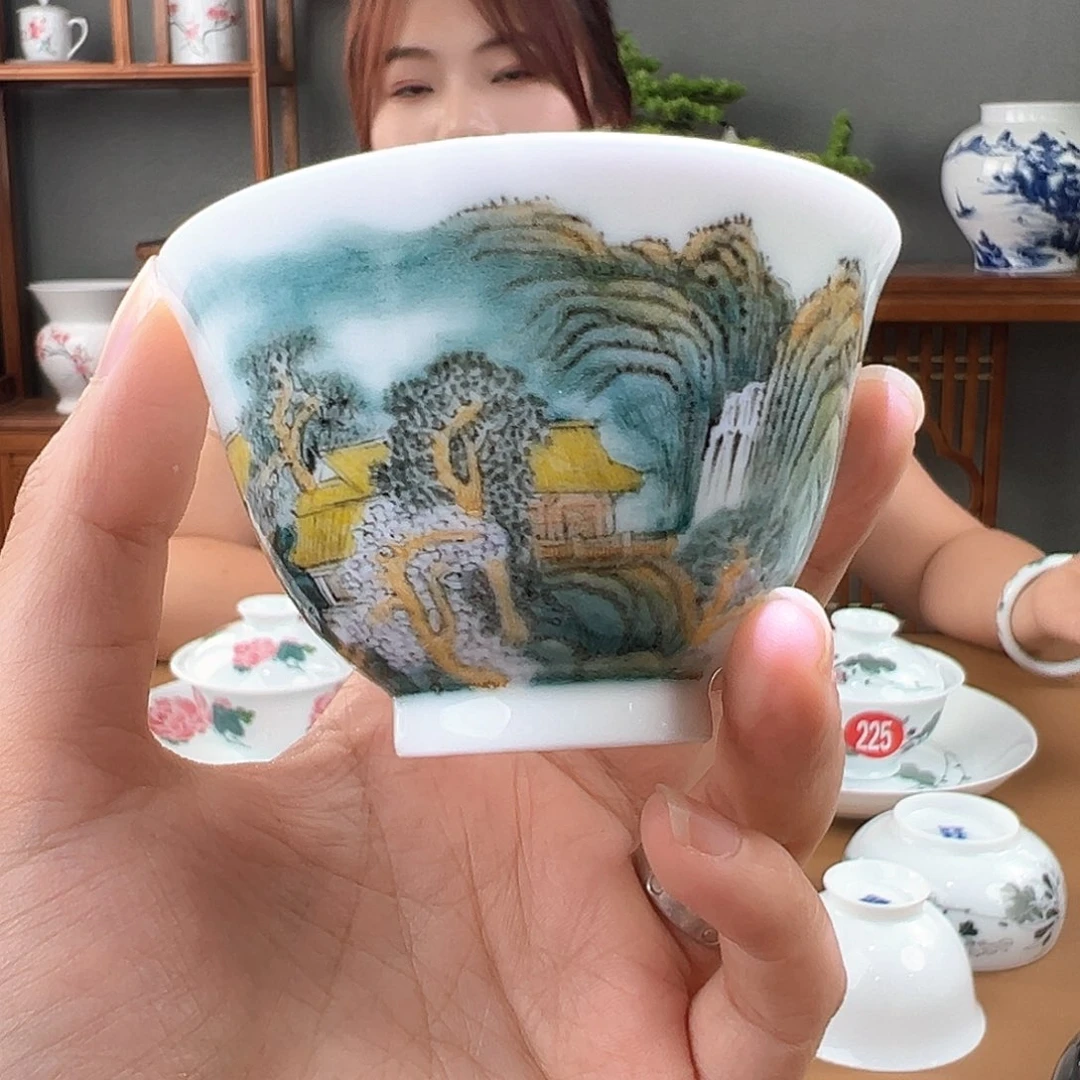 釉下彩山水瀑布主人杯