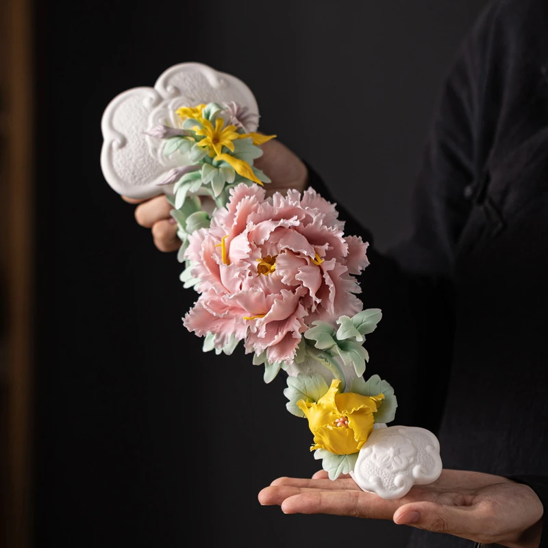 创意花开富贵桌面摆件捏花牡丹花吉祥如意客厅玄关书桌装饰工艺品