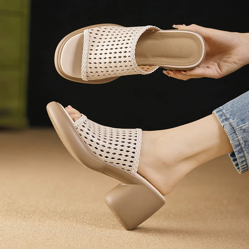 真皮凉拖法式镂空厚底高跟鞋轻奢百搭防水台露趾一字拖鞋女鞋外穿
