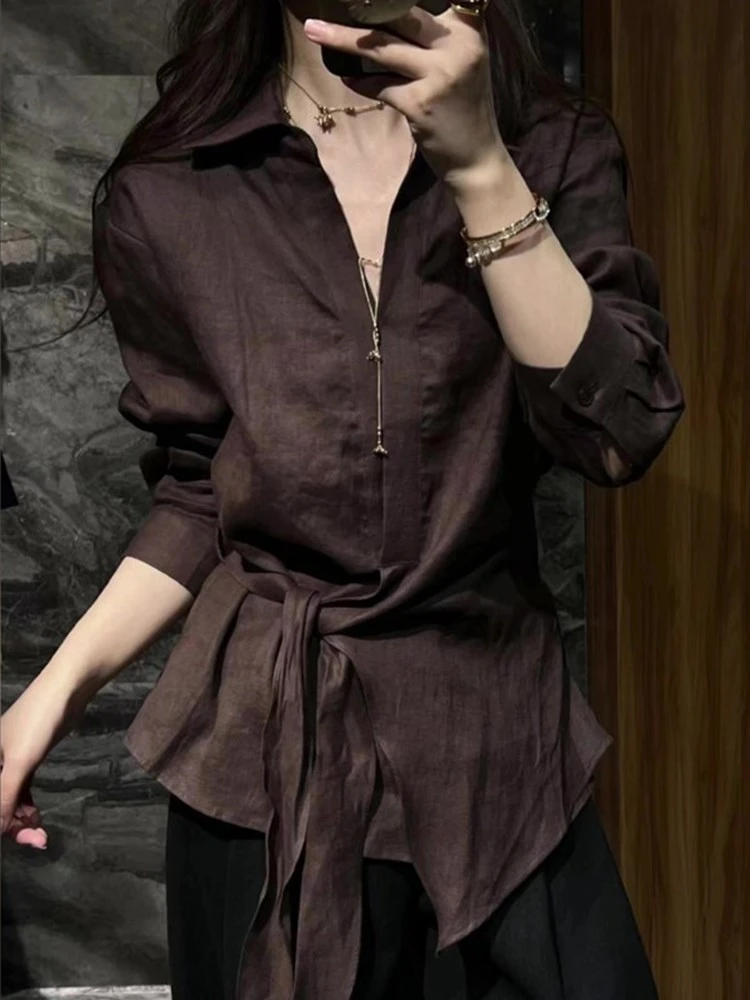 时尚气质v领系带收腰设计不规则设计感棕色衬衫秋季百搭显瘦长袖