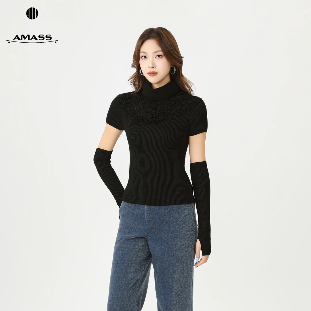 AMASS/阿玛施秋冬复古港风时尚袖套式提花高领绵羊毛针织衫538104