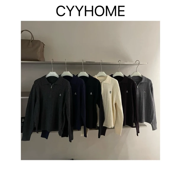 CYYHOME宽松型刺绣小熊polo领半拉链针织上衣