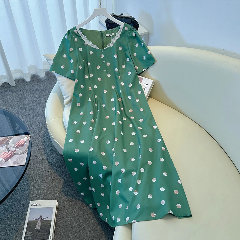 【66871】130-300斤大码女装港风波点短袖连衣裙夏季新款复古雪纺裙