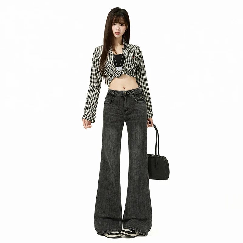 元素显瘦裤子秋冬季新款 竹节纹灰色微弹低腰微宽松喇叭牛仔裤女