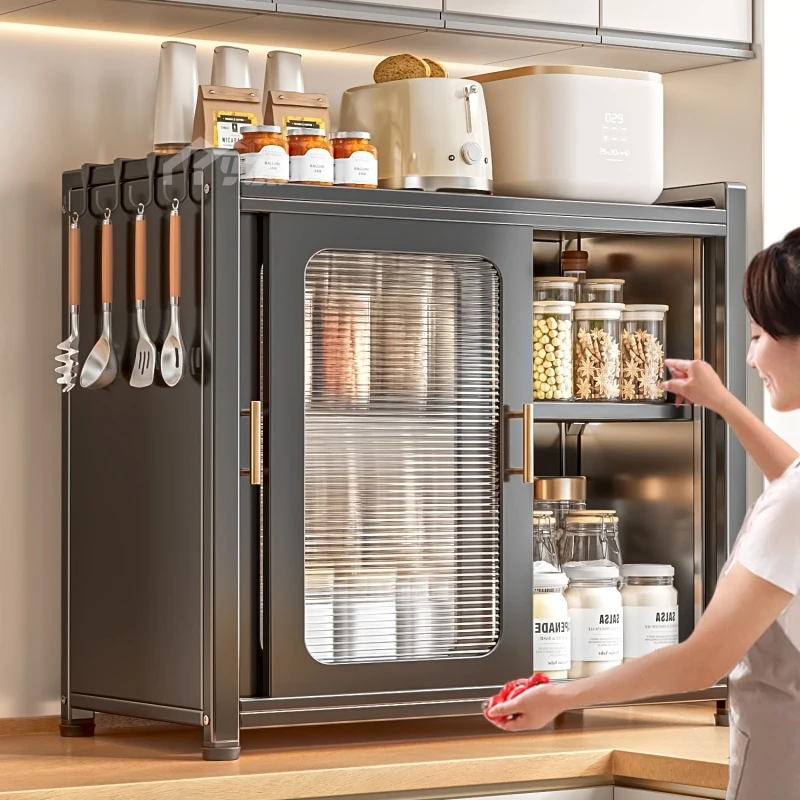 新疆西藏包邮厨房置物架多层台面推拉门橱柜家用锅碗收纳柜多功能