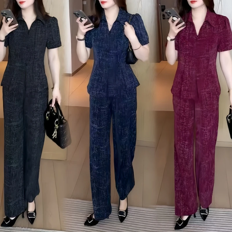 2025夏季短袖套装新款上衣裤子整套气质洋气收腰显瘦两件套妈妈装