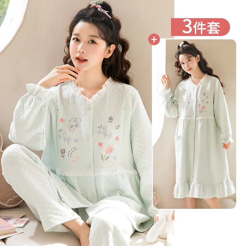 家时光月子服纯棉哺乳服孕妇睡衣加厚产妇孕产裙秋冬季可外穿5517