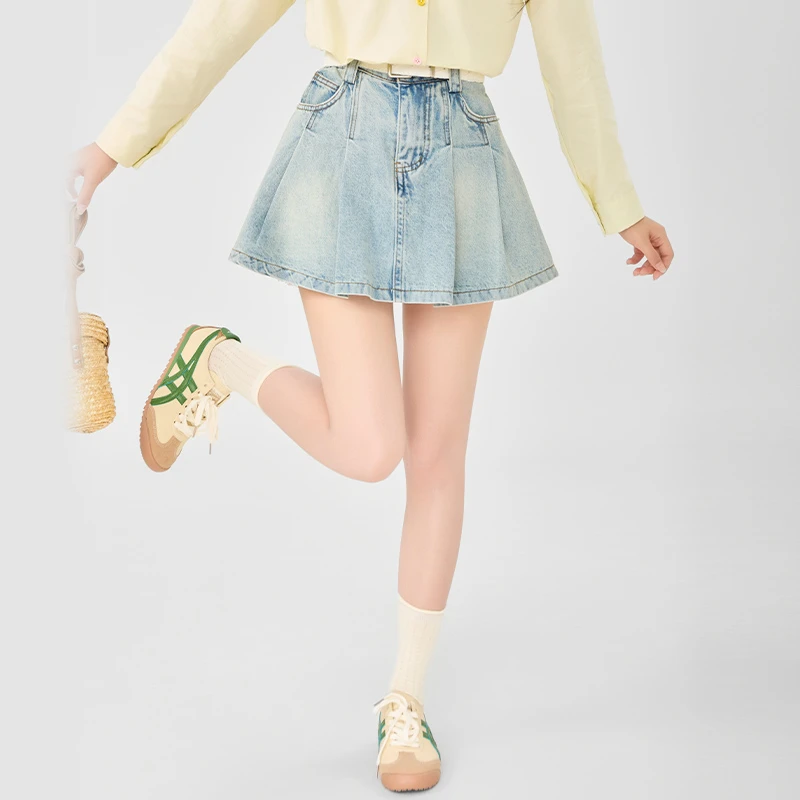 【小铃铛】TU25561法式复古设计水洗牛仔百褶短裙显瘦别致半身裙