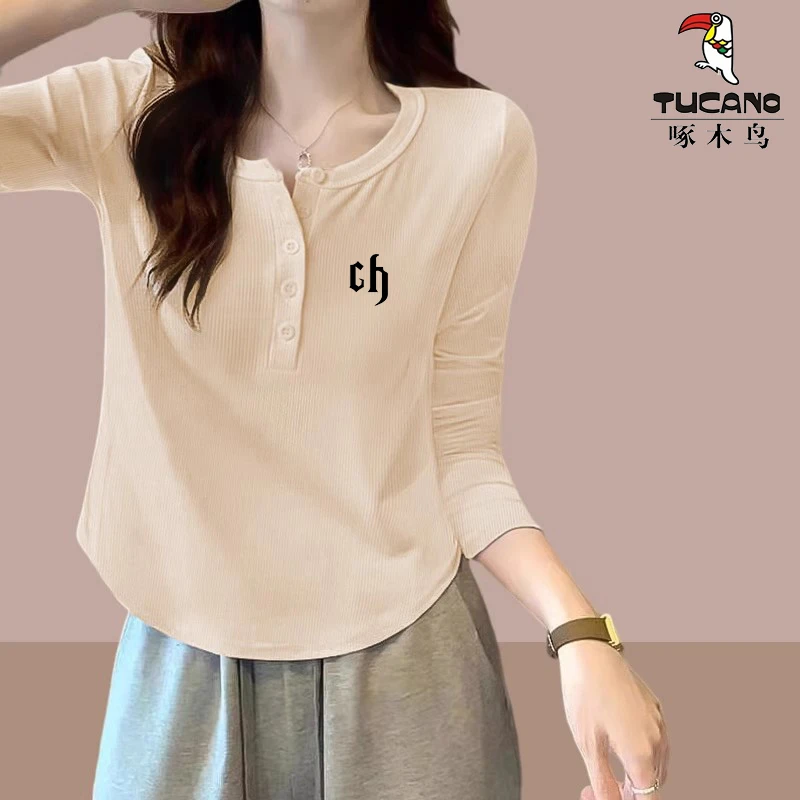 啄木鸟春秋季薄款设计感创意长袖上衣2025年新款印花简约通勤T恤