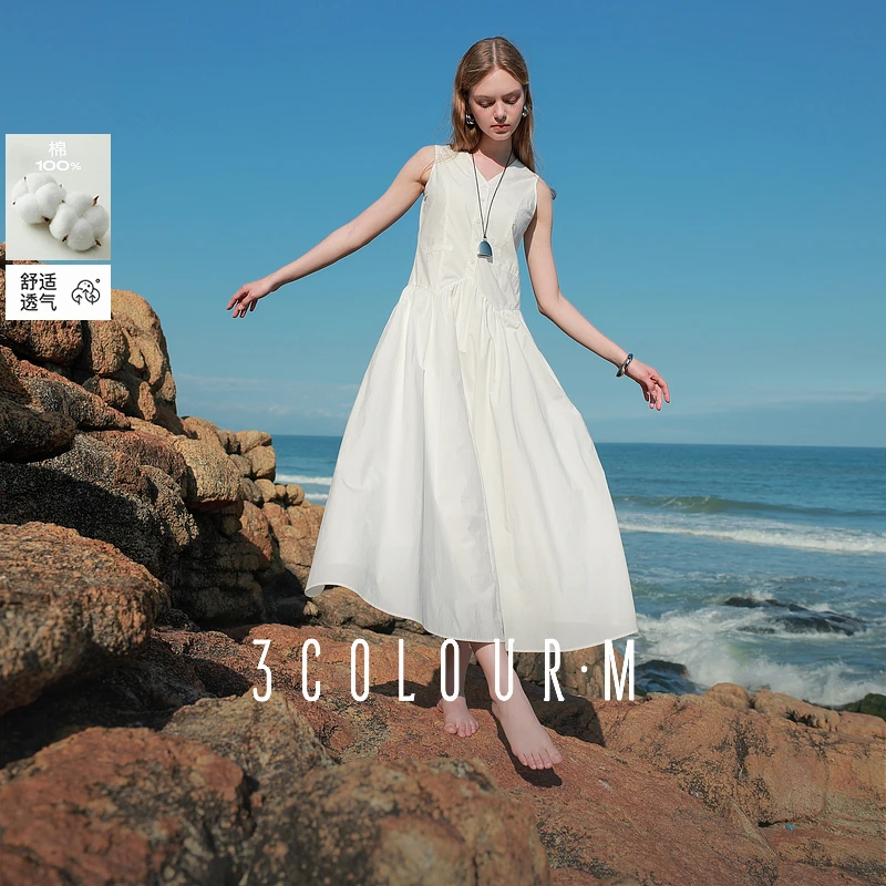 【100棉】三彩2025夏季新款洋气小白裙无袖背心裙V领长裙A字裙女M
