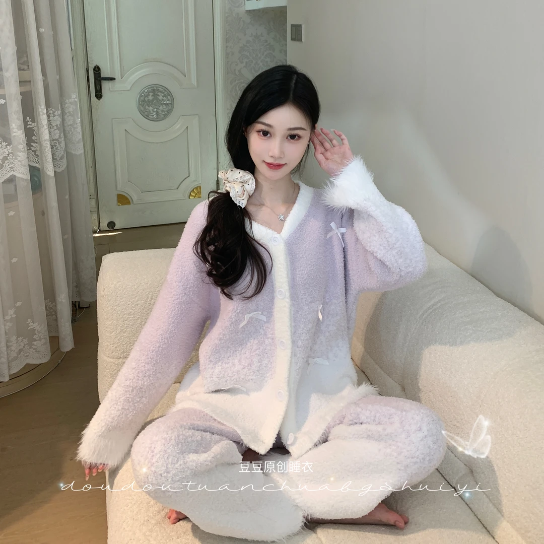 1豆【紫藤丝带】长袖长裤纯欲高腰显瘦秋冬季女套装法式睡衣甜美