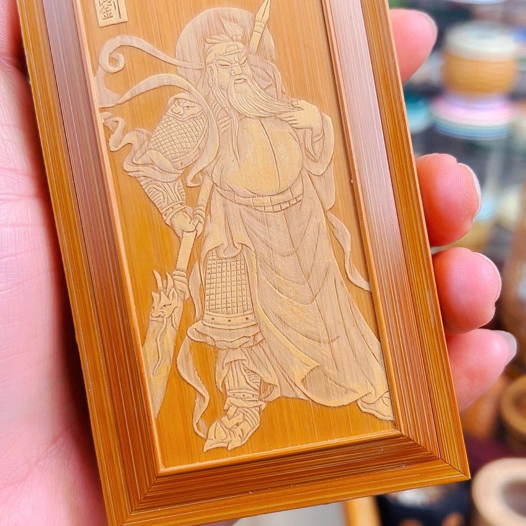 木曹自康留青关羽图案竹蛉金钟盒