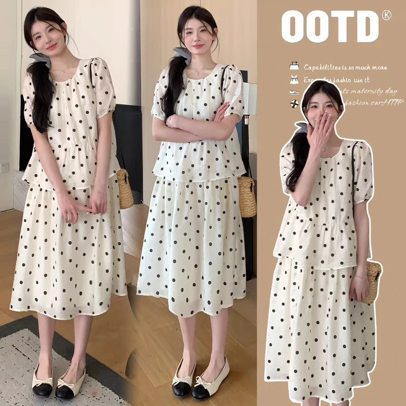 孕妇夏季短袖套装2025新款洋气高级感假两件波点拼接宽松连衣裙子