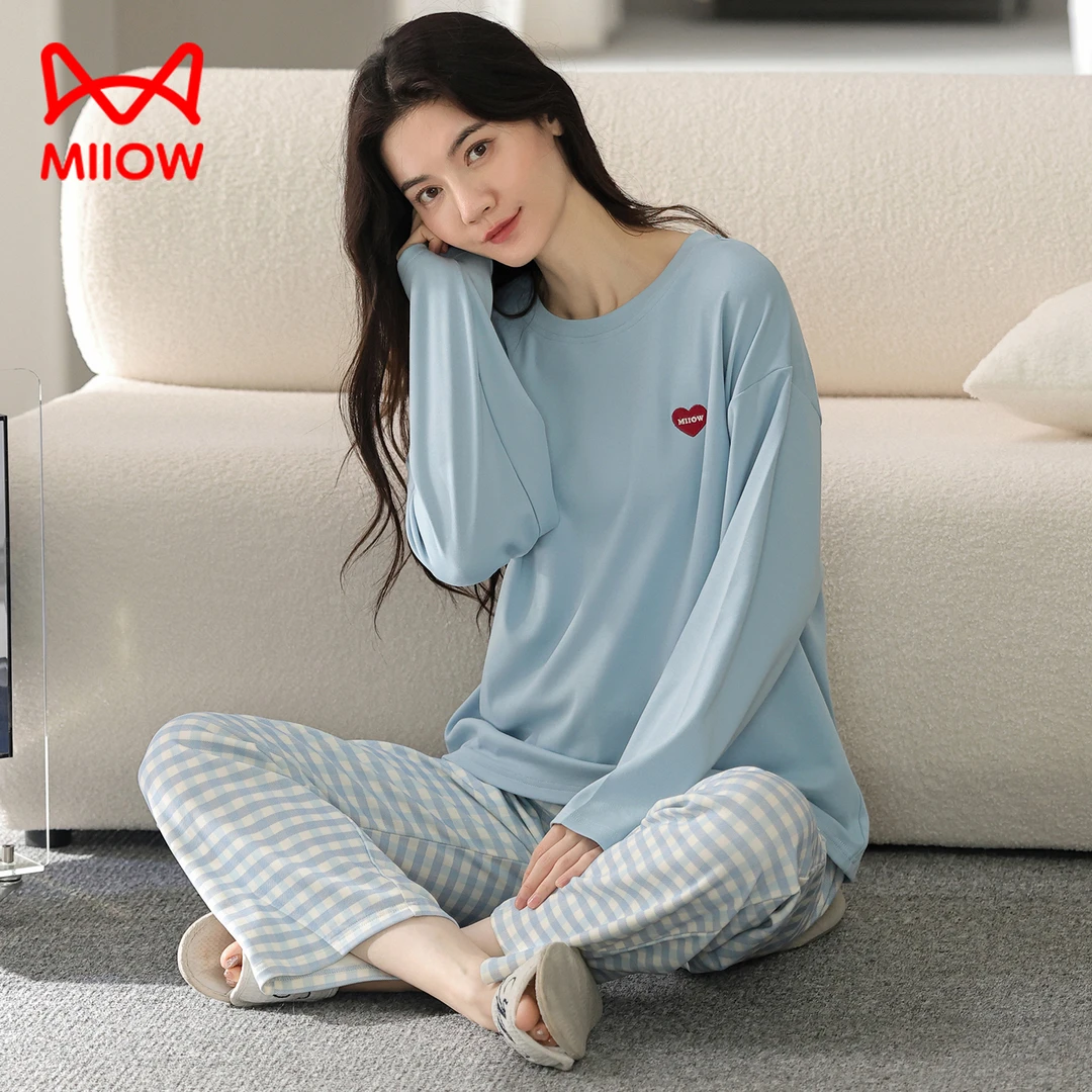 猫人100%纯棉女生圆领格子长袖睡衣秋冬新款可外穿家居服套装MTF