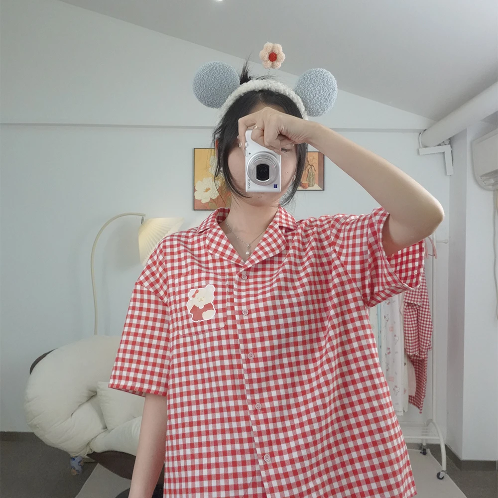 夏季短袖睡衣女款全棉短裤套装翻领格子家居服套装可爱俏皮松弛感