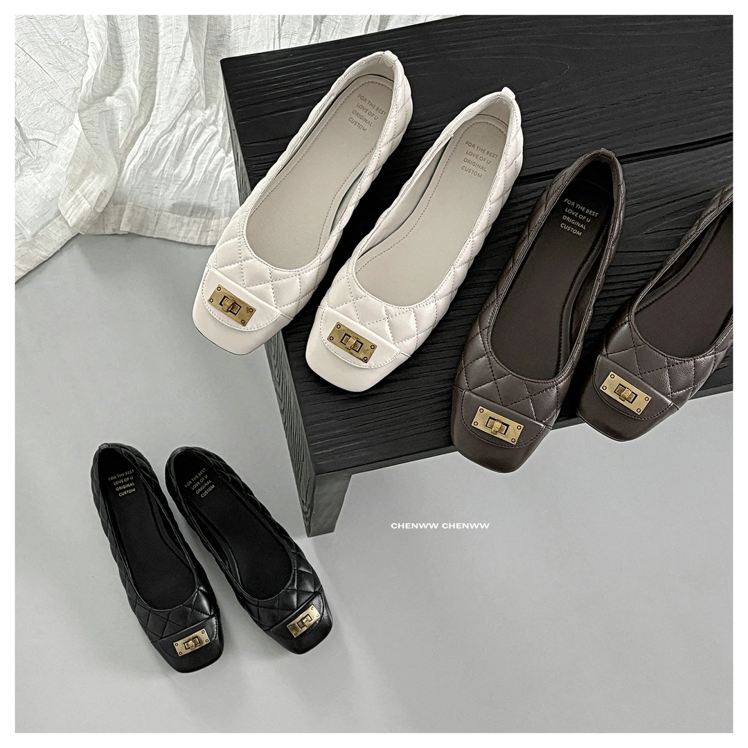 【CHENWW】法式小香风玛丽珍菱格绣线凯莉扣软底浅口方头百搭单鞋女