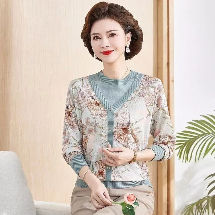 新中式妈妈装2025春秋新款弹力针织衫长袖上衣中老年女装假两件